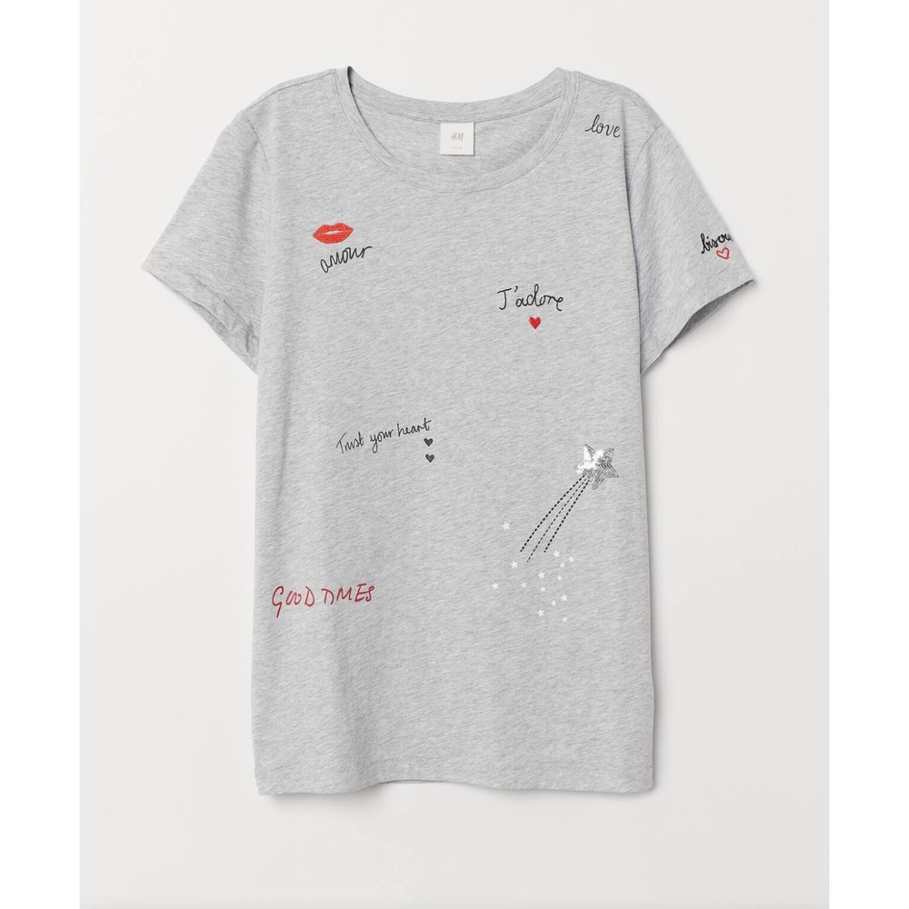 French Graphic Tee Size M J'adore Bisous Hearts & Stars — Parisian Cute Gray Top
